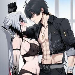1boy 1girls ai_assisted ai_generated angry_expression arlecchino_(genshin_impact) black_lingerie blush clenched_teeth crossover defeated defeated_heroine dominant_male female femsub genshin_impact handsome_man highres imminent_sex kabedon male male_rover_(wuthering_waves) maledom muscular muscular_male rover_(wuthering_waves) sexual_tension steam sweat truck-kun_art truck_kun wuthering_waves