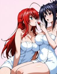 2girls ahoge ai_generated akeno_himejima antenna_hair black_hair blue_green_eyes blush couple crimson_hair curvy female_only hair_ribbon high_school_dxd large_breasts light_skin looking_at_each_other open_mouth orange_ribbon ponytail rias_gremory strawberry thick_thighs towel very_long_hair violet_eyes voluptuous yuri yuri