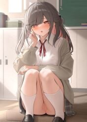 :o ass black_shoes cardigan collared_shirt commentary_request exposed_pussy female grey_cardigan grey_hair grey_skirt hair_ornament hairclip highres imouto-chan_(monaka_curl) innie_pussy kneehighs knees_together legs_together loafers long_sleeves looking_at_viewer monaka_curl neck_ribbon no_panties nopan open_cardigan open_clothes original parted_lips plaid_clothes plaid_skirt pleated_skirt pussy red_ribbon ribbon school_uniform shadow shaved_pussy shirt shoes sitting skirt socks solo squatting thighs tongue underwear white_shirt white_socks