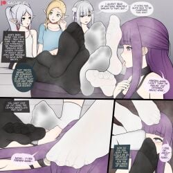 4girls delicious_in_dungeon dialogue dungeon_meshi emilia_(re:zero) feet feet_on_face feet_together female female/female female_only fern_(sousou_no_frieren) foot_fetish frieren human legs legwear marcille_donato re:zero_kara_hajimeru_isekai_seikatsu sachifufu soles soles_of_feet_in_socks soles_of_feet_in_stockings sousou_no_frieren stockings text thighhighs toes yuri