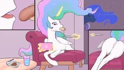 2016 alicorn animal_genitalia animal_pussy anus arareroll ass candy chocolate dialogue duo english_text equine equine_pussy female feral food friendship_is_magic glowing hair hi_res horn hot_dog inside levitation long_hair lying magic mammal multicolored_hair my_little_pony open_mouth phone princess_celestia_(mlp) princess_luna_(mlp) pussy sibling sisters text unicorn wings zoophilia