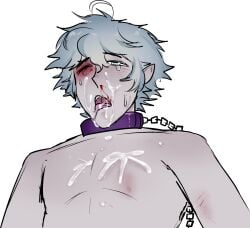 ahe_gao ahegao_face black_sapphire_cookie blood blood_on_face blue_eyes bruises brutal cookie_run cookie_run_kingdom cum cum_on_body cum_on_breasts cum_on_face injury silver_hair silverbell_cookie