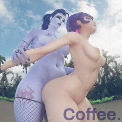 3d amelie_lacroix coffee3dx fishnets futa_on_female futanari huge_ass huge_breasts juno_(overwatch) lesbian_sex overwatch purple_body purple_hair purple_skin widowmaker