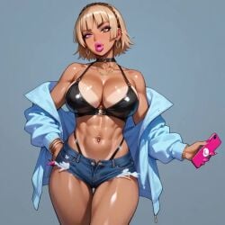 abs ai_generated alternate_costume alternate_hair_color alternate_skin_color atlus bare_shoulders big_breasts bimbo bimbo_lips bimbofication blonde_hair bra_visible_through_clothes cellphone cleavage collar_ring female female_focus gyaru lipstick makoto_niijima navel navel_piercing persona_5 tanned tanned_girl thick_lips thick_thighs thong thong_panties wide_hips