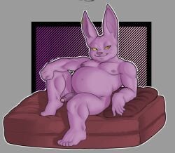 abstract_background anthro arm_on_knee belly bent_leg casual_nudity champa cushion darkened_genitalia darkened_penis domestic_cat dragon_ball dragon_ball_super dummydurzz ear_piercing feet felid feline felis foreskin furniture genitals hairless hairless_cat hi_res humanoid_genitalia humanoid_penis leaning leaning_backward long_ears male mammal navel nipples nude outline penis piercing pillow pointy_ears pose prick_ears purple_body signature sitting slightly_chubby small_penis smile solo sphynx_(cat) yellow_eyes