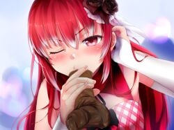 anonymous_artist armwear audrey_belrose blowjob edit edited hair_between_eyes hair_ornament huniepop looking_at_viewer one_eye_closed pushing_hair_back red_eyes red_hair scat shit