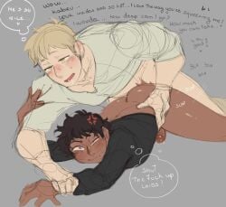 2boys anal anal_sex arm_grab big_dom_small_sub blush blushing cute dark-skinned_male doggy_style dungeon_meshi face_against_floor gay grabbing_waist held_down interracial kabru laios_touden large_dom_small_sub male/male male_only penetration precum precum_drip shirt_lift shirt_only slap tagme verbal waist_grab wrist_grab yaoi