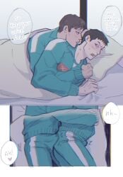 020276_10387141 bed black_hair blanket blush brown_eyes brown_hair bulge bulge_through_clothing comic erection erection_under_clothes grinding grinding_through_clothes hwang_in-ho male/male male_only moaning open_mouth pillow public_sex seong_gi-hun sheet_grab sheets short_hair spooning squid_game staring_at_partner sweatdrop text text_bubble track_jacket trembling yaoi