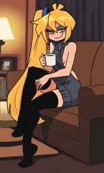 1girl 5_fingers ai_generated akita_neru black_thighhighs blonde_hair bookshelf clothed fanloid female holding_mug indoors lamp living_room long_hair long_ponytail mug pixai ponytail sitting_on_sofa slim_waist small_breasts smug sofa thighhighs turtleneck virgin_killer_sweater yellow_eyes