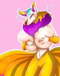 anthro big_breasts breasts canine covering covering_breasts female fox hi_res kemono kyubi_(yo-kai_watch) kyuubi kyuubi_(youkai_watch) level-5 mammal pussy rule_63 solo unknown_artist video_games yo-kai_watch youkai youkai_watch yōkai