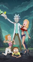 accurate_art_style ai_assisted ai_edit artstyle_imitation beth_smith biting_lip blonde_hair collared_shirt fonglet kneeling laying_on_stomach morty_smith orange_hair ponytail red_shirt rick_and_morty rick_sanchez ripped_clothing ripped_pantyhose standing summer_smith torn_clothes torn_clothing