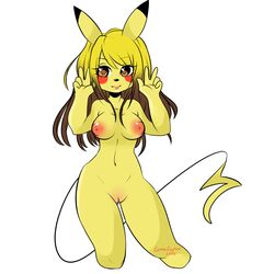 2016 anthro areola blonde_hair breasts brown_hair double_v female fur furry luna_lupin mammal mouse multicolored_hair navel nintendo nipples nude orange_eyes pikachu pokemon portrait pussy rodent simple_background solo standing three-quarter_portrait two_tone_hair v white_background yellow_fur zoe_(catgirl123)