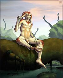 absurd_res alien amphibian border detailed_background dripping hi_res male male_only nude orange_eyes orange_skin outside penis petresko sitting solo spots spotted_skin swamp tree unknown water watermark webbed_feet webbed_hands wet yellow_skin