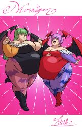 2girls axel-rosered bbw belly big_belly big_breasts capcom darkstalkers lilith_aensland morbidly_obese morbidly_obese_female morrigan_aensland pose thick_thighs thighs