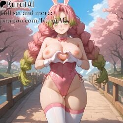 1girls ai_generated areolae artist_name artist_signature ass_visible_through_thighs bangs bare_shoulders blush bow braid breasts bunny bunny_ears bunny_girl bunny_tail bunnysuit collarbone covered_navel cowboy_shot demon_slayer detached_collar exhibitionism eyebrows_visible_through_hair green_eyes green_hair groin heart heart_hands hi_res high_resolution highleg highleg_leotard highres kanroji_mitsuri kimetsu_no_yaiba kurutai large_breasts leotard long_hair looking_at_viewer multicolored_hair navel nipples outdoors patreon pink_hair skindentation smile solo standing strapless strapless_leotard thighhighs thighs twin_braids uncensored very_long_hair