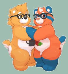 anthro balls barefoot bear care_bears duo embrace eyewear featureless_crotch glasses looking_at_viewer male mammal nude open_mouth overweight seth-iova smile tummy_symbol yaoi