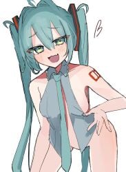 blue_eyes blue_hair blush blush breasts eye_contact hatsune_miku holding_clothing looking_at_viewer looking_down_at_viewer open_mouth open_mouth pov practically_nude presenting small_breasts standing_over_viewer tattoo thick_thighs thighs tie tie_only vocaloid yatsuwo_emiya