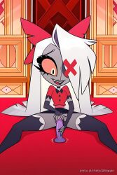 1girls ai_assisted ai_generated dildo dildo_in_ass female hazbin_hotel no_legwear no_panties open_legs open_mouth playing_with_pussy playing_with_self solo solo_female vaggie_(hazbin_hotel)