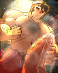 arcomaru balls bara big_balls big_penis boner erection fukuo huge_cock hyper_muscles kiki's_delivery_service male male_only masturbation muscles muscular musk penis solo solo_male sweat sweating