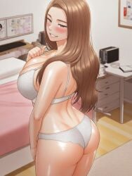 ai_generated ass ass bedroom big_ass big_breasts breasts brown_eyes brown_hair grin huge_ass huge_breasts isogil jae-eun_(young_boss) long_hair looking_at_viewer manhwa seductive seductive_look smile smirk webtoon white_bra white_panties white_underwear young_boss