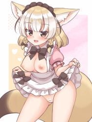 absurdres alternate_costume animal_ears apron bar_censor blonde_hair blush bow bowtie breasts brown_eyes censored curtsey enmaided female fennec_(kemono_friends) fox_ears fox_tail frilled_apron frills heart highres juliet_sleeves kemono_friends long_sleeves looking_at_viewer maid maid_apron maid_headdress medium_breasts multi_ear multicolored_hair nipples no_panties open_mouth puffy_short_sleeves puffy_sleeves pussy shiraha_maru short_sleeves solo tail waist_apron white_apron