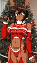 accurate_art_style ai_generated black_hair christmas christmas_outfit christmas_tree gun gunsmith_cats pistol rally_vincent retro_artstyle tagme tan_skin