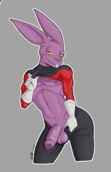 anthro athletic balls big_ears buckteeth clothed clothing clothing_aside clothing_lift dragon_ball dragon_ball_super dummydurzz dyspo genitals gloves grey_background hairless half-closed_eyes handwear hi_res humanoid_genitalia humanoid_penis lagomorph leporid long_ears male mammal narrowed_eyes navel nipples outline partially_clothed penis pose purple_body rabbit simple_background smile soft_abs solo standing teasing teeth vein veiny_penis yellow_eyes