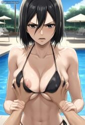 1boy ai_generated attack_on_titan bikini black_bikini black_eyes black_hair blush breast_grab breasts collarbone dandanhub day female grabbing guiding_hand hair_between_eyes holding_another's_wrist large_breasts looking_at_viewer mikasa_ackerman navel nipple_slip nipples open_mouth outdoors pool poolside pov shingeki_no_kyojin short_hair side-tie_bikini_bottom skindentation sky solo_focus straight swimsuit water