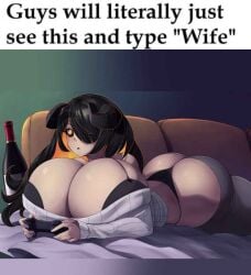 1girls artist_request ass_cleavage butt_crack cleavage couch gaming holding_controller horns huge_ass huge_breasts meme milla_noire_(vtuber) on_belly panties_visible tagme wine wine_bottle yellow_sclera