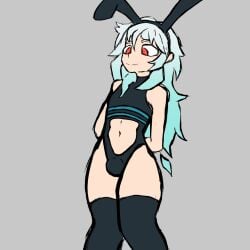 airin_hawnt bodysuit bulge bulge_through_clothing bunny_costume bunny_ears bunnysuit cute_expression cute_male femboy ghost ghost_boy lewdtuber metaking midriff red_eyes solo_femboy solo_male thighhighs twink virtual_youtuber vtuber white_hair