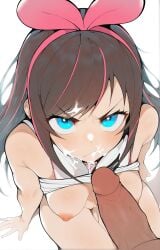 after_fellatio ai_generated angry breasts breasts_out cum_on_face female kizuna_ai looking_at_viewer looking_up male nipples penis pov sitting upset young