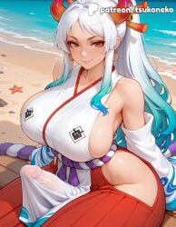 1futa 2026 ai_assisted ai_generated anime artist_name bare_shoulders beach breasts brown_eyes bust cock dick earrings explicit futanari hair_ornament hakama hi_res high_quality high_resolution highres horns japanese_clothes long_hair looking_at_viewer one_piece patreon patreon_username penis sand seashell shell shore sideboob sitting smile solo stable_diffusion starfish tsukoneko water watermark white_hair yamato yamato_(one_piece)