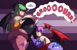 axel-rosered bbw big_belly big_breasts capcom darkstalkers lilith_aensland listening_to_belly morbidly_obese morbidly_obese_female morrigan_aensland obese stomach_sounds surprised_expression thick_thighs thighs