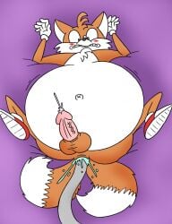 1boy anthro balls canid canine ejaculation fox genitals hi_res hose hose_in_butt hose_inflation inflation liquid_inflation male male_only mammal miles_prower miles_tails_prower penis robot001 robot001_(artist) sega solo sonic_(series) sonic_the_hedgehog_(series) tails tails_the_fox water_inflation