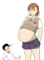 1boy 1girls 2d alternate_breast_size asymmetrical_bangs asymmetrical_hair auctus177 bangs bare_arms bare_midriff belly belly_bigger_than_head big_belly big_breasts black_hair blank_eyes blush breasts brown_eyes brown_hair brown_sweater brown_sweater_vest brown_vest closed_mouth collared_shirt colored colorized cross-crescent emblem female female_focus flower_hair_ornament grey_skirt hair_between_eyes hand_up huge_belly human jpeg kamijou_touma large_breasts looking_at_viewer male medium_bangs medium_hair miniskirt misaka_mikoto navel nosebleed pleated_skirt pregnant school_emblem school_uniform shirt shocked short_hair short_shorts short_sleeves shorts simple_background skirt sleeveless sleeveless_sweater solo solo_female spiked_hair standing stomach summer_uniform super_belly sweater sweater_vest teenage_girl teenage_pregnancy teenager to_aru_kagaku_no_railgun to_aru_majutsu_no_index toaru_kagaku_no_railgun toaru_majutsu_no_index tokiwadai_school_uniform undersized_clothes vest white_background white_shirt