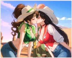 2girls ai_generated bishoujo_senshi_sailor_moon cowgirl flirting girl_on_girl kissing lesbian_couple lesbian_kiss lesbian_sex lovers makoto_kino rei_hino sailor_jupiter sailor_mars yuri