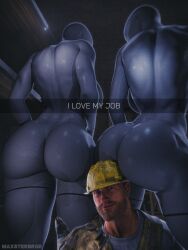 1boy 2020s 2025 2girls 3d 3d_(artwork) ass ass beard big_ass big_butt bigger_female clothed clothed_male female hardhat height_difference large_ass large_butt larger_female looking_at_viewer male maxsterbrge naked naked_female nude nude_female shorter_male size_difference smaller_male thumbs_up