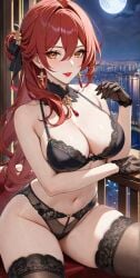 1girls ai_generated background bangs bare_arms bare_shoulders bare_thighs belly belly_button big_breasts black_bra black_panties bra breasts city city_background cityscape cleavage collar commentary_request earrings elegant female female female_focus female_only gloves gold_eyes hair hair_between_eyes hair_ornament himeko_(honkai:_star_rail) hips honkai:_star_rail honkai_(series) hoyoverse lace lace-trimmed_bra lace_trim lia_the_busty_redhead lingerie lipstick long_hair looking_at_viewer makeup mature mature_female mature_woman midriff moon navel night panties red_hair red_lips red_lipstick seductive self_upload sideboob sitting solo solo_female solo_focus stockings tagme thighhighs thighs tied_hair underwear wavy_hair woman_focus