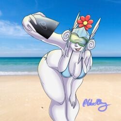 ass background beach bent_over big_breasts bikini bluedevil breasts commission flower oc original original_character selfie selfie_pose smile standing tagme twitter_username valkyrie_helm watermark white_body white_hair wide_hips