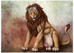 2016 anatomically_correct anatomically_correct_genitalia animal_genitalia animal_penis balls barbed_penis erection feline feline_penis feral fur kiwa krimzen_redwing licking licking_lips lion looking_at_viewer male male_only mammal muscular open_mouth penis pinup pose simple_background solo spread_legs spreading tongue tongue_out