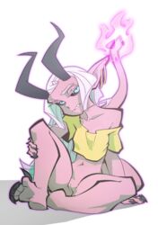 2016 alpha_channel blue_eyes bottomless demon_girl ear_piercing female hair humanoid piercing purple_skin pussy simple_background sitting solo teeth the_pink_pirate transparent_background white_hair