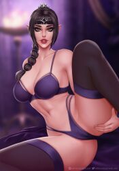 1girls baldur's_gate baldur's_gate_3 black_hair blurry_background bra braid circlet fanart gabrielek navel panties parted_lips shadowheart solo_female spread_legs thighhighs underwear