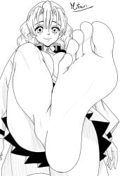 black_and_white boceto demon_slayer feet feet_soles feet_up foot_fetish foot_focus foot_sole footwear kanroji_mitsuri kimetsu_no_yaiba long_feet manga_style mitsuri_kanroji nails rose_hair sexy sketch soles toes white_background