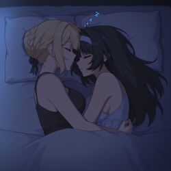 2girls ai_generated astra_yao bed black_hair blonde_hair blush breasts closed_eyes cuddling evelyn_chevalier female female_only girlfriend hug hugging night pillow sleeping sleepover wholesome yuri zenless_zone_zero zzz