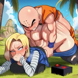 1boy 1girls ahe_gao ai_generated android_18 ayyai canon_couple controller covering_mouth dragon_ball hidden_sex hiding huge_ass krillin kuririn remote tears