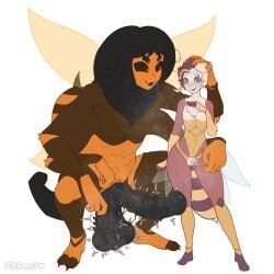 2boys bee black_hair c'lila carapace crouching crown curvy femboy fur_collar hand_around_waist horsecock huge_balls huge_cock long_hair multiple_penises nervous nervous_smile orange_skin penis_size_difference size_difference small_penis throbbing_penis toned_male white_hair wings