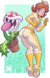 1girls ass biker_clothes blue_eyes boots brown_hair clothing crown duo eyelashes fangs female flower_earrings flower_pot gloves human jumping looking_back mammal mario_(series) mario_kart mature mature_female mature_woman nintendo open_mouth piranha_plant plant princess princess_daisy royalty sharp_teeth tongue tongue_out voluptuous voluptuous_female