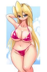 1girls big_breasts big_nipples bikini blonde_hair blue_eyes ciel_(mega_man) hand_behind_back hand_on_head ichduhernz long_hair mega_man mega_man_zero pink_bikini thick_thighs