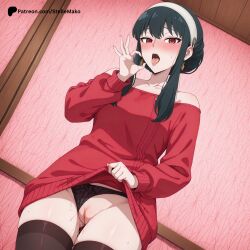 ai_generated anime black_hair blush fellatio_gesture lifting_skirt mochiart pussy pussy_juice red_clothing seductive skirt_lift spy_x_family stellemako yor_forger