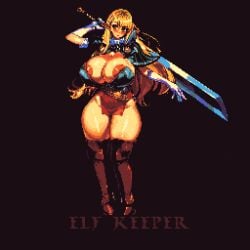 1girls armor big_breasts big_butt big_nipples bikini_armor dark_skin elf female female_only girl light-skinned_female original pixel_art revealing_clothes skimpy_clothes standing sword thepixelartboy